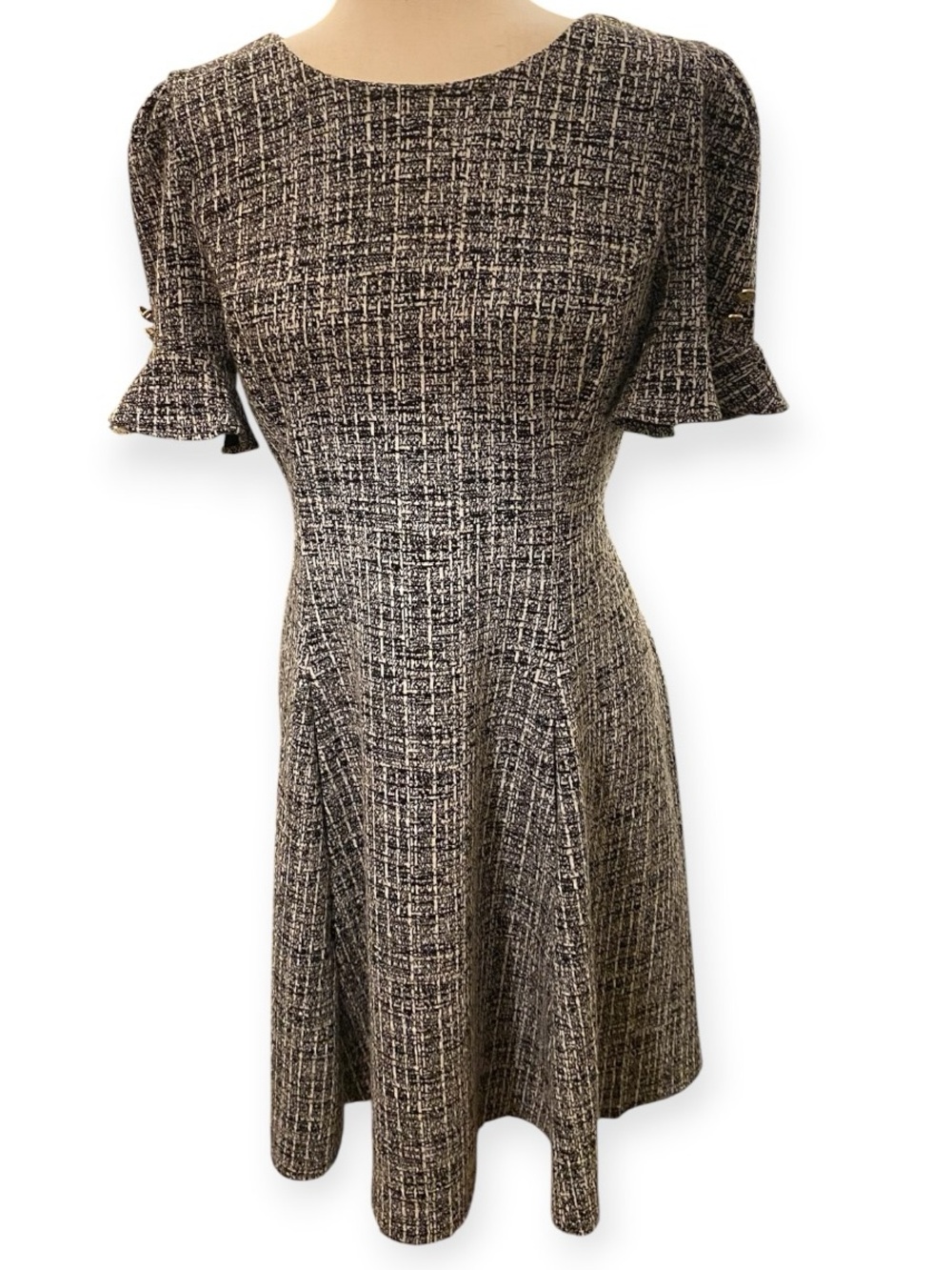 DKNY Black and White Tweed Fit-and-Flare Mini Dress, Size 10